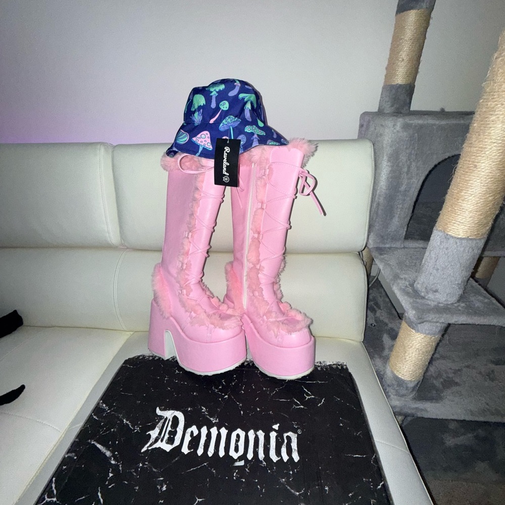 Demonia Pink Heeled Boots with Plush Trim confortable - Picture 6 of 6